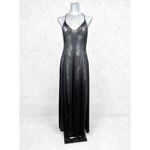 Vintage Olga Black Lace Nylon Nightgown Maxi Slip Dress Glam Lingerie USA Large